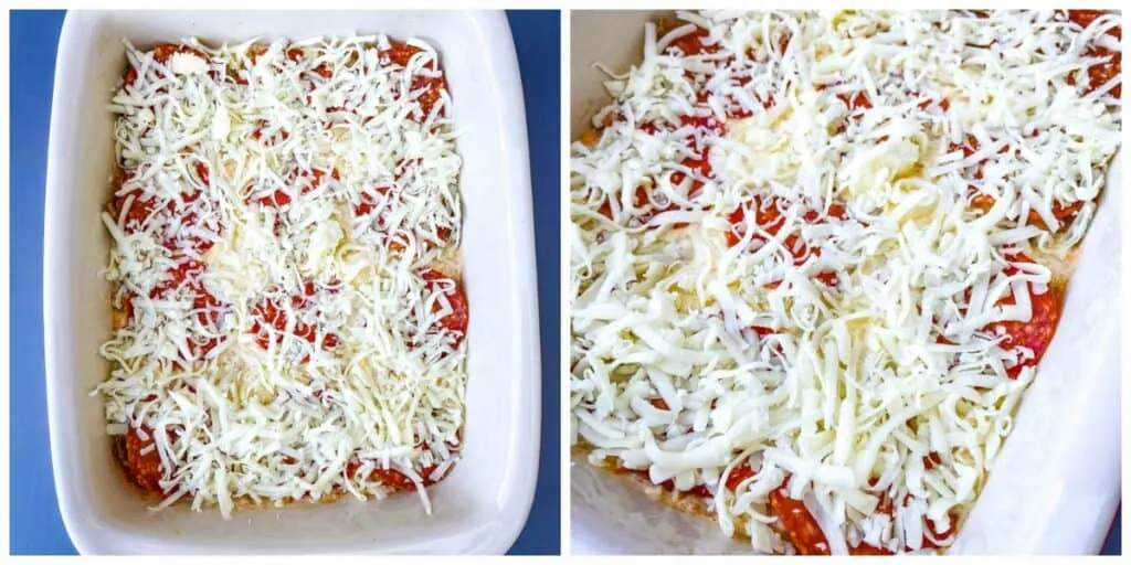 process photos showing how to layer keto low carb pizza casserole in a red dish