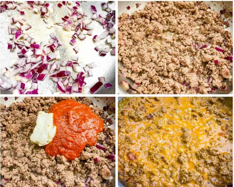 chopped onions, ground beef, cream cheese, and marinara cooked in a skillet for process photos showing how to layer keto low carb pizza casserole