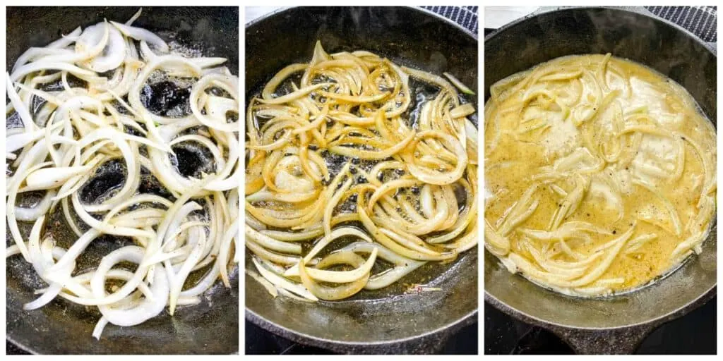 collage photo showing the process of sauteeing onions in a cast iron skillet