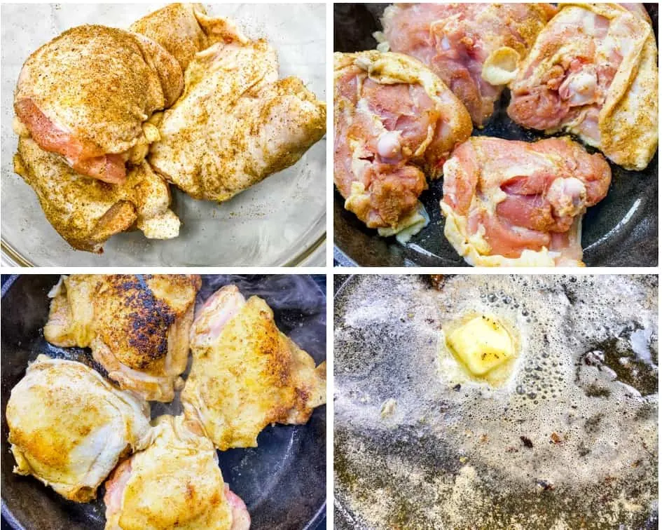 collage photo of 4 photos of raw seasoned chicken thighs, chicken thighs seared in a cast iron skillet, and butter melted in a cast iron skillet