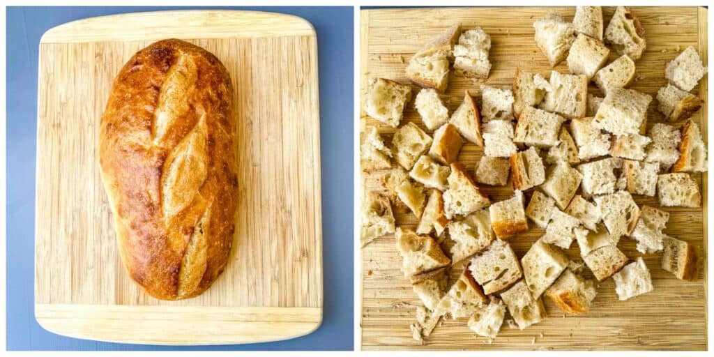 a loaf of sourdough bread on a cutting board and bread sliced into cubes for air fryer croutons