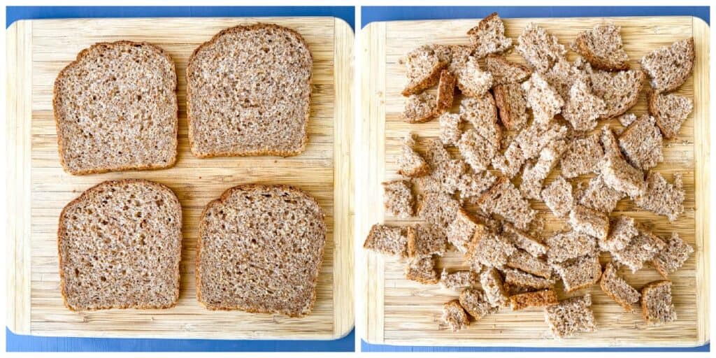 a collage photo of 2 photos of slices of Ezekiel bread on a cutting board and bread sliced into cubes for air fryer croutons