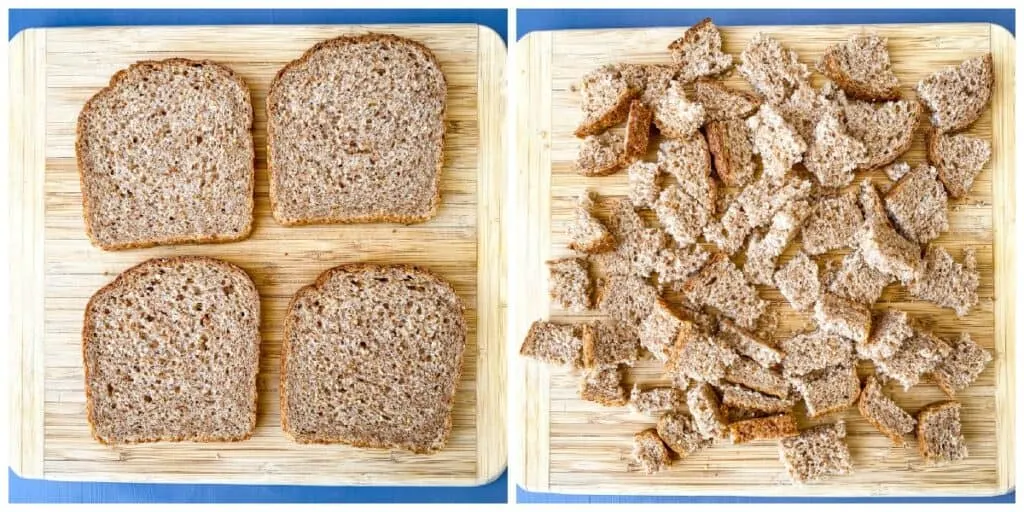 a collage photo of 2 photos of slices of Ezekiel bread on a cutting board and bread sliced into cubes for air fryer croutons