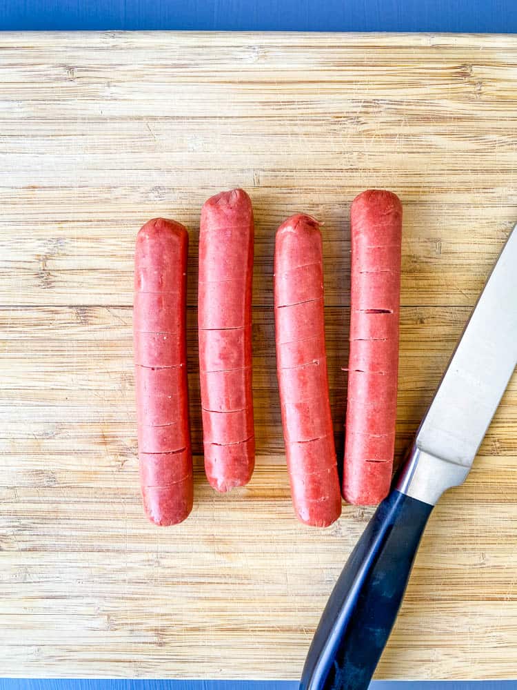 uncured beef franks on a cutting board