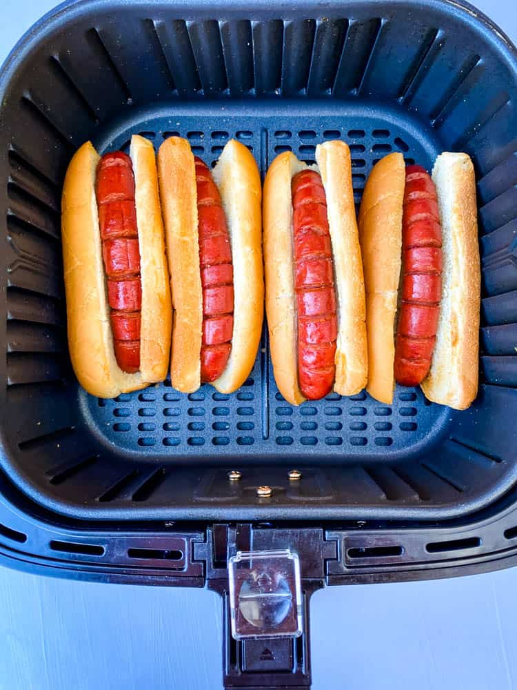 hot dogs in buns in an air fryer