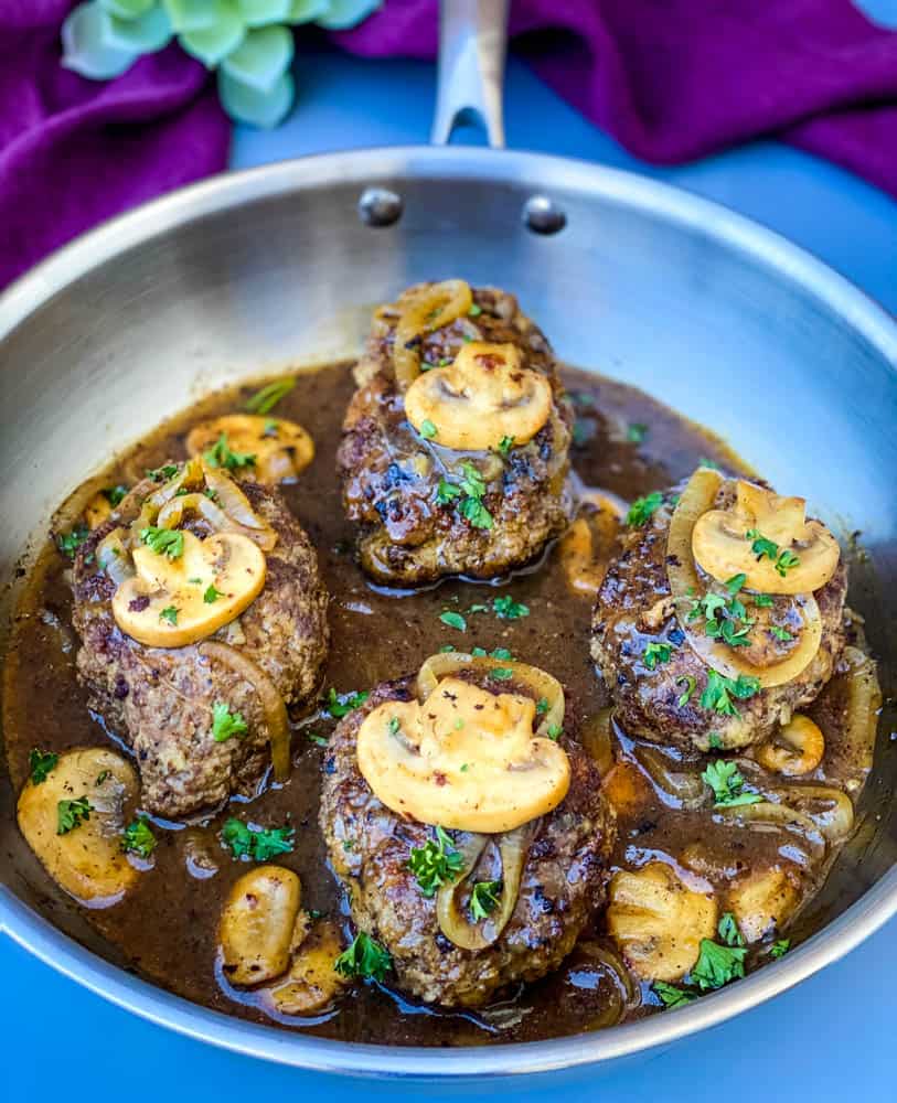 keto low carb salisbury steaks in a stainless steel pan