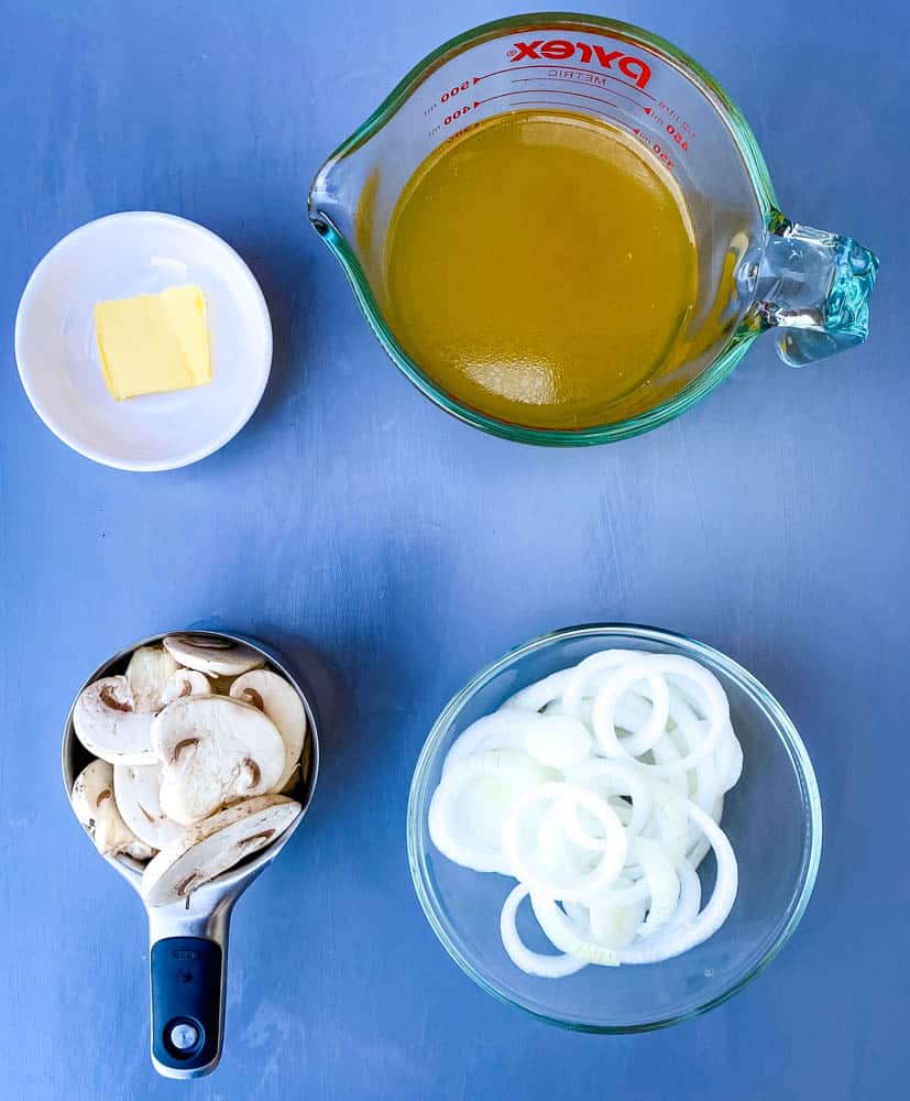 broth, butter, mushrooms, and onions in separate bowls