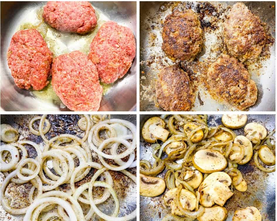 beef patties cooking in a skillet with mushrooms and onions in a stainless steel pan