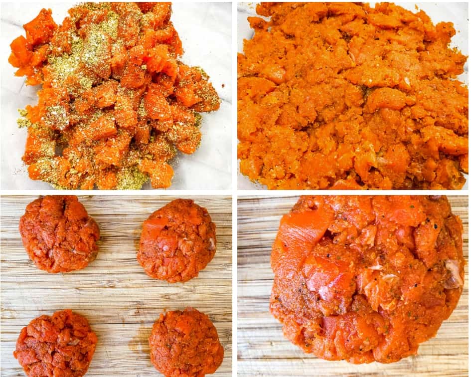 collage photo of in process photos of keto salmon patties, diced salmon in a glass bowl with seasoning, and raw salmon patties on a cutting board