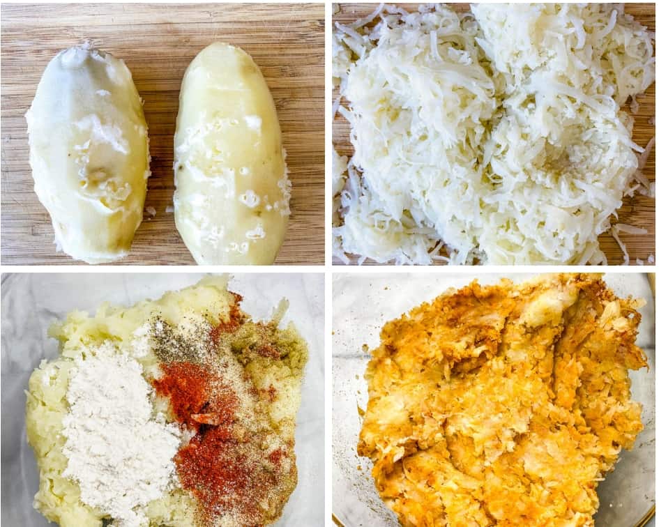 collage photo of in process photos 2 parboiled potatoes, potatoes shredded on a cutting board, shredded potatoes seasoned in a bowl