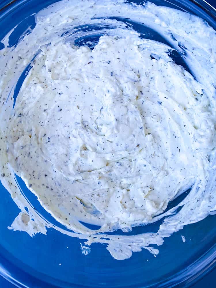 BLT dip in a glass bowl