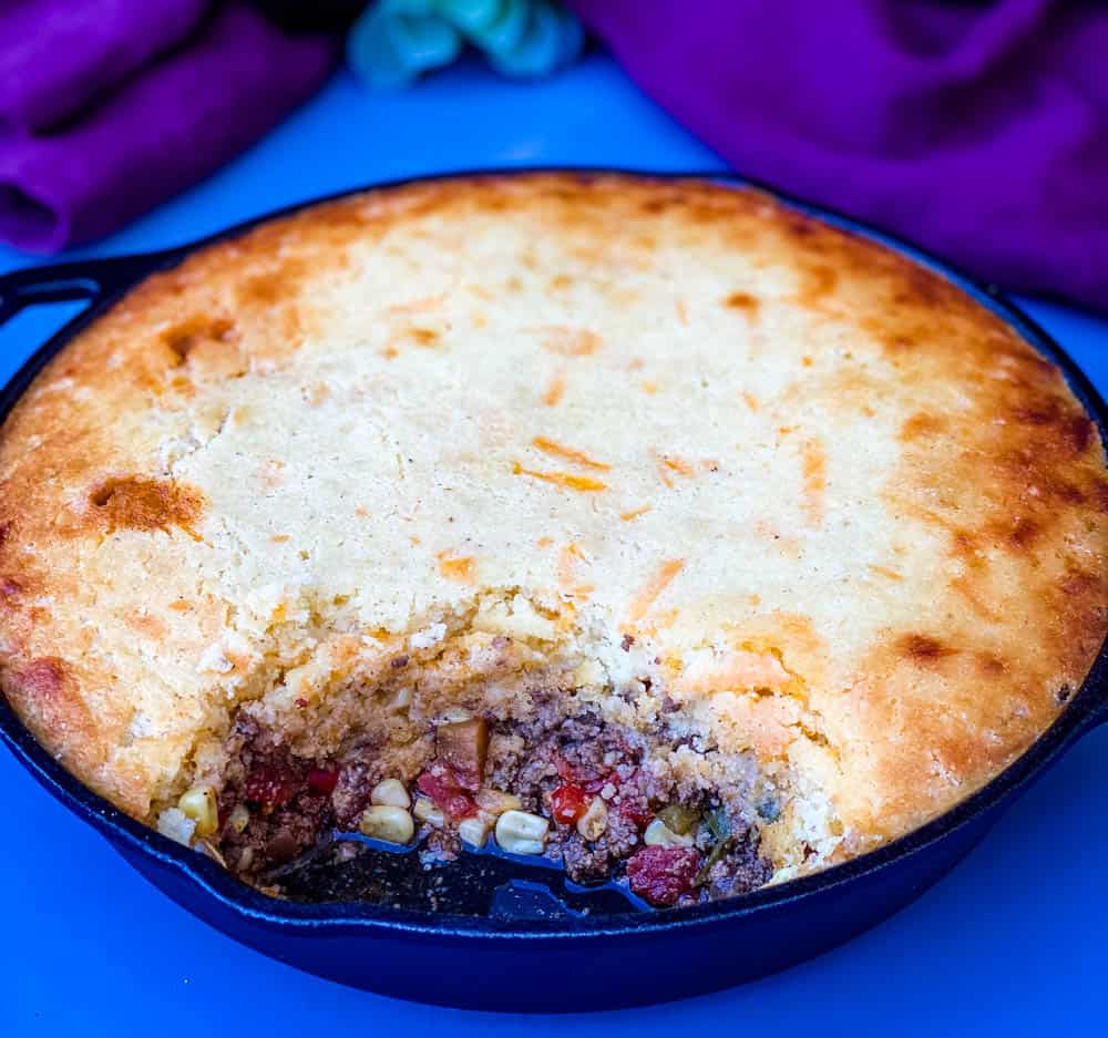 tamale pie recipe in a cast iron skillet