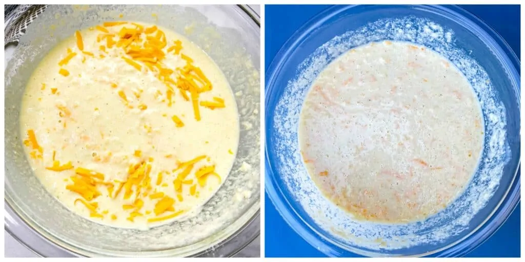 cornbread batter with shredded cheese in a glass bowl