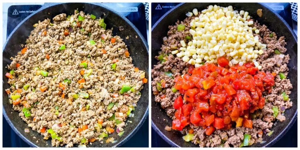 ground beef, corn, and diced tomatoes in a cast iron skillet