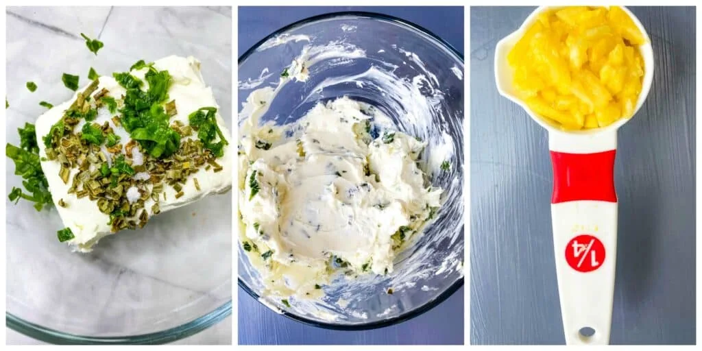collage photo of cream cheese, chives, and pineapple for wonton filling