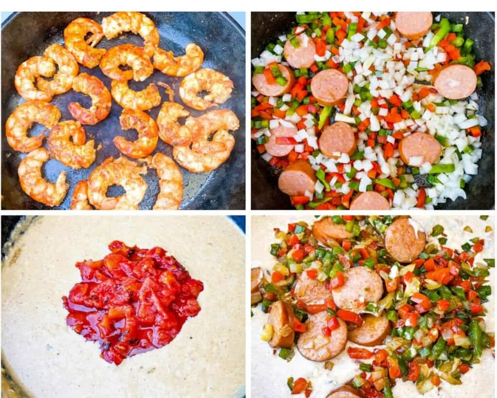 collage photo of 4 photos with cooked shrimp in a skillet, sausage, peppers, and onions in a skillet, and cream sauce and tomatoes in a skillet