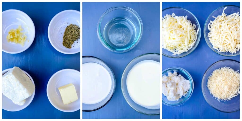 collage photos of butter, seasoning, white wine, heavy cream, cream cheese, almond milk, and shredded cheese in different bowls