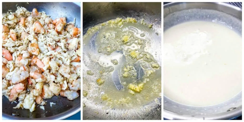 collage photo of cooked seafood in a pan, garlic and butter in a pan, and a white cream sauce in a pan