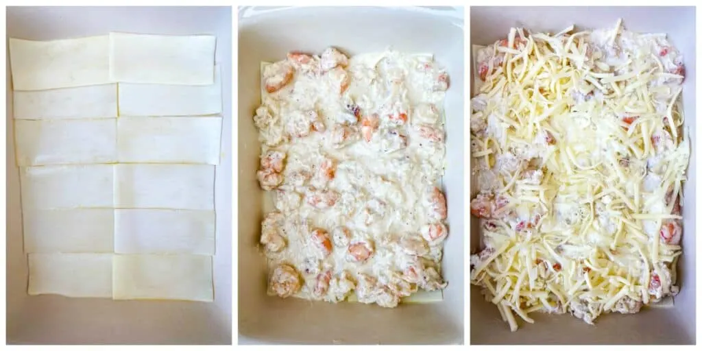 collage photo showing how to layer healthy low carb seafood lasagna