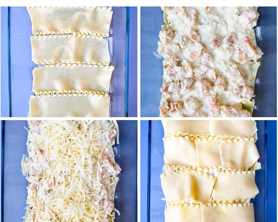 collage photo showing how to layer a seafood lasagna