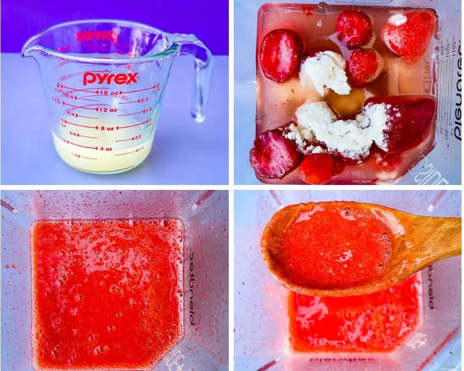 collage photo of 4 in process photos of strawberry lemon popsicles, lemon juice in a glass cup and popsicle mix in a blender