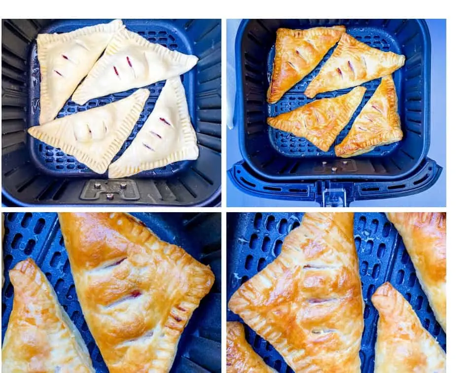 a collage photo of 4 phots of turnovers in the air fryer