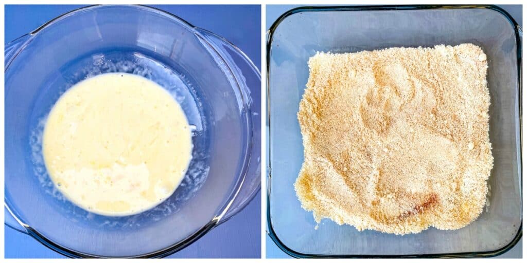 a collage photo of 2 photos, 1 photo is a glass bowl with heavy cream and eggs, the other is a glass bowl with almond flour, parmesan cheese, and seasonings
