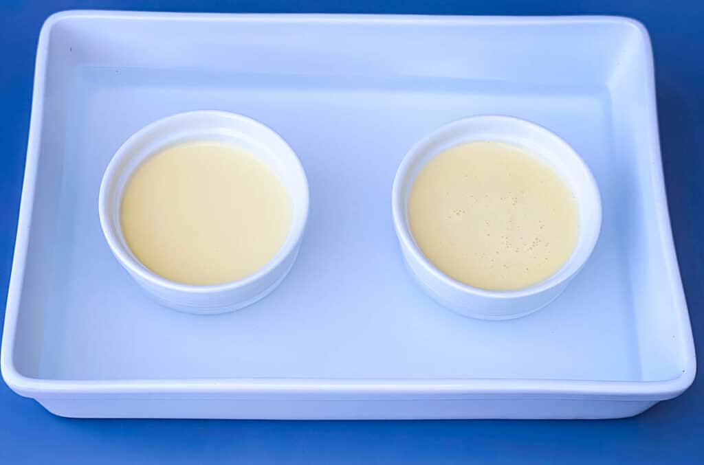 keto low carb Crème brûlée custard mixture in white ramekins