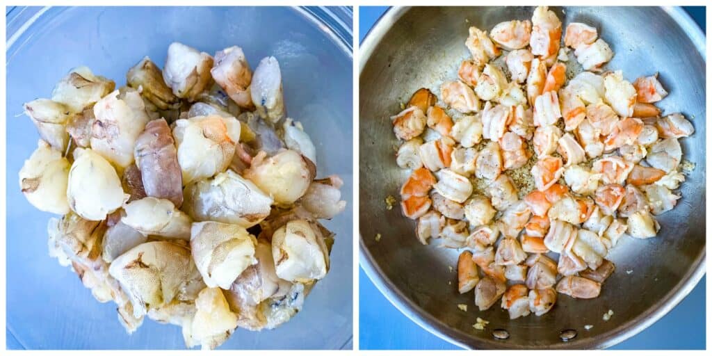 sliced raw shrimp in a pan