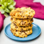 air fryer chocolate chip cookies on a blue plate