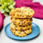 air fryer chocolate chip cookies on a blue plate