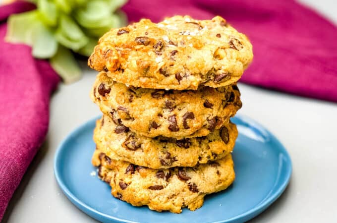 air fryer chocolate chip cookies on a blue plate