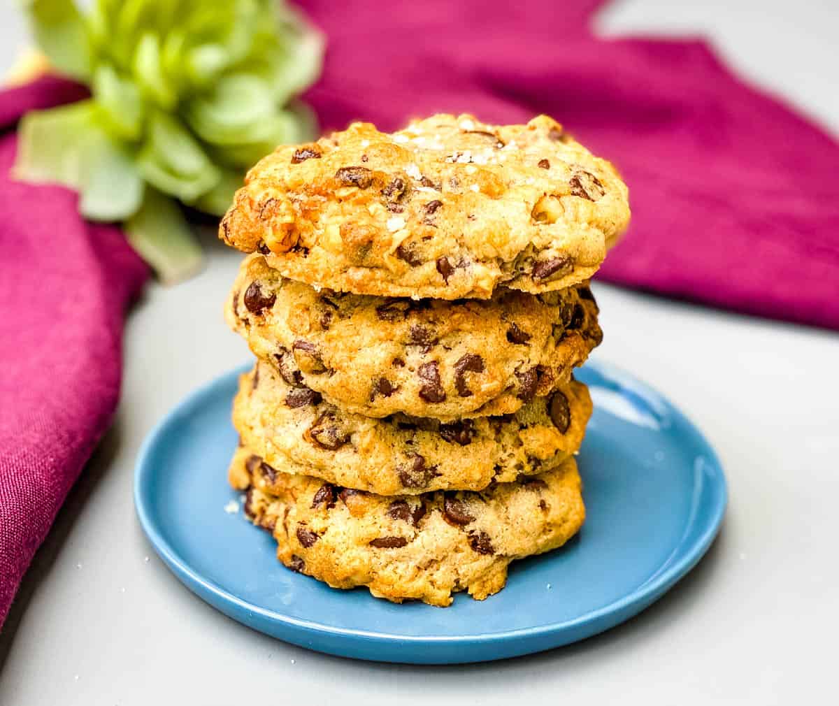 air fryer chocolate chip cookies on a blue plate
