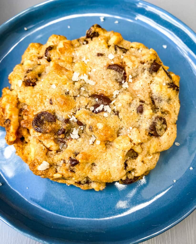 chocolate chip cookie on a blue plate