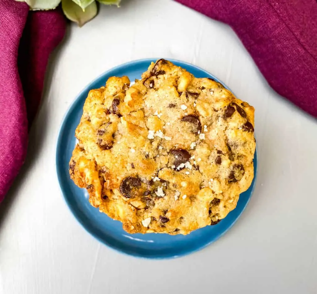 chocolate chip cookie on a blue plate