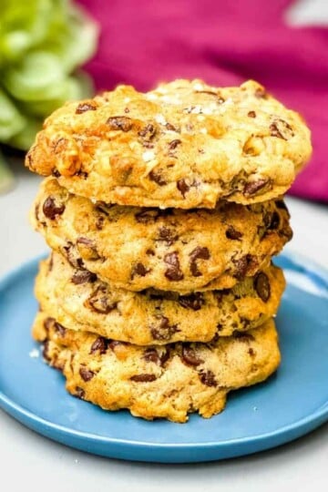 air fryer chocolate chip cookies on a blue plate