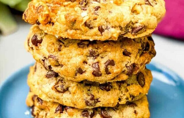 air fryer chocolate chip cookies on a blue plate