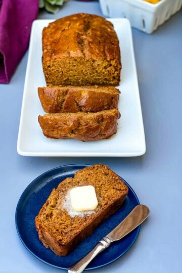 healthy banana bread sliced on a white plate