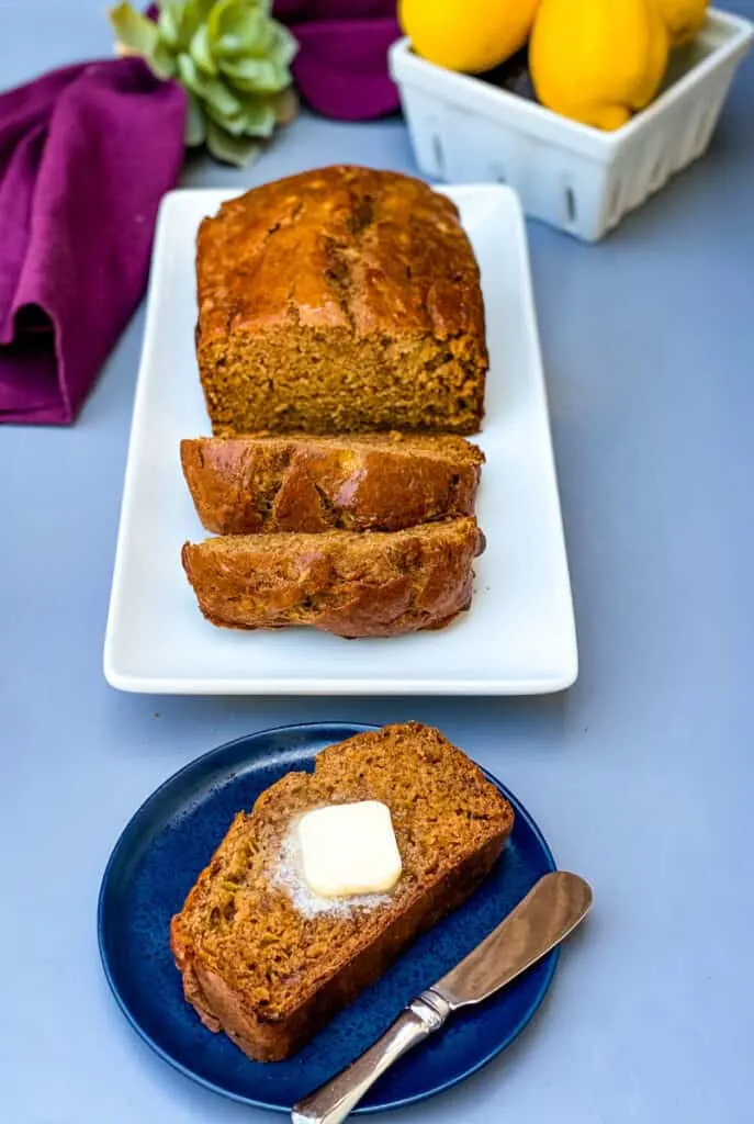 healthy banana bread sliced on a white plate