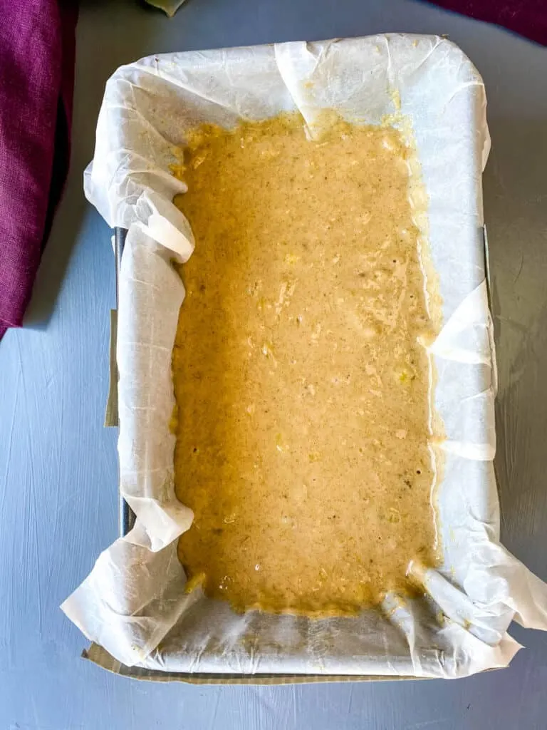 unbaked healthy banana bread in a loaf pan