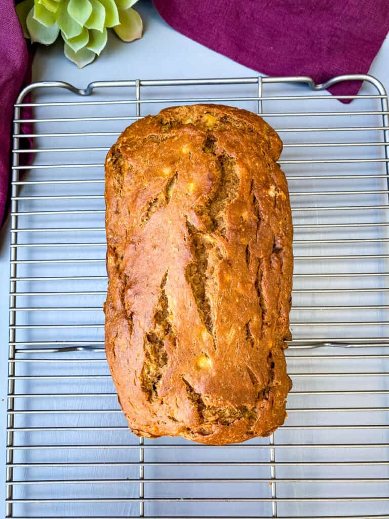 healthy banana bread on a cooling rack