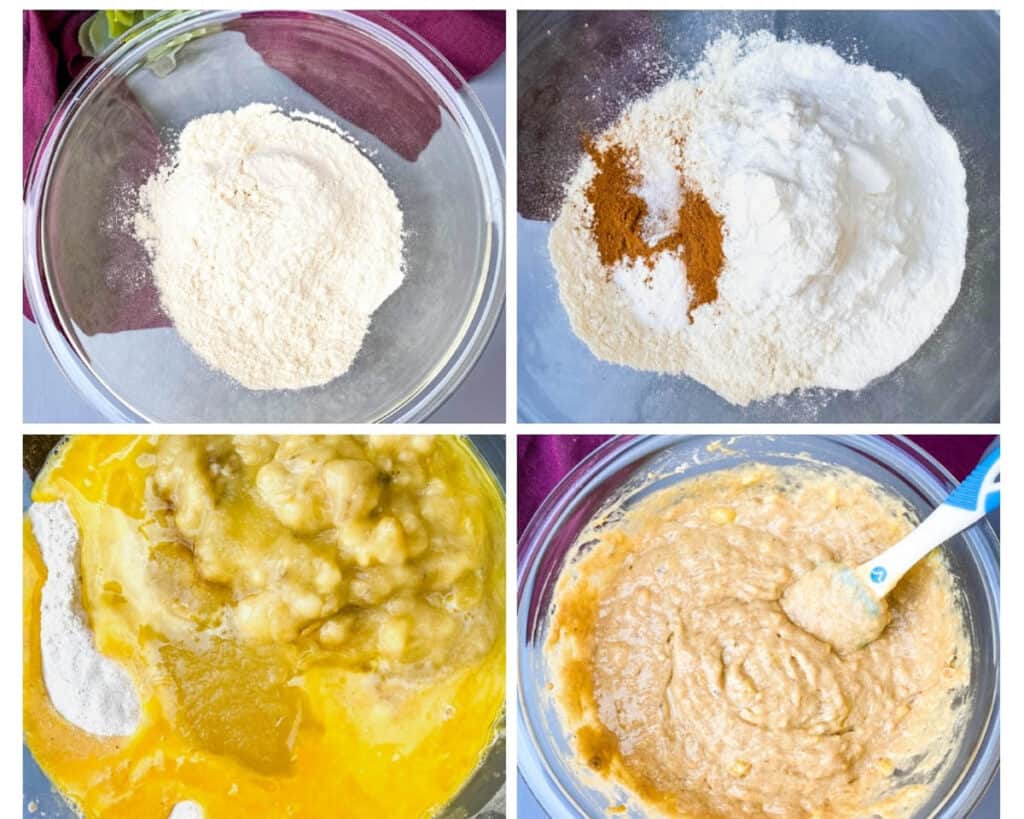 a collage photo of the process of mixing banana bread batter with flour and wet ingredients