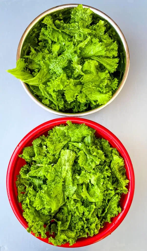 2 bowls of fresh and washed mustard greens