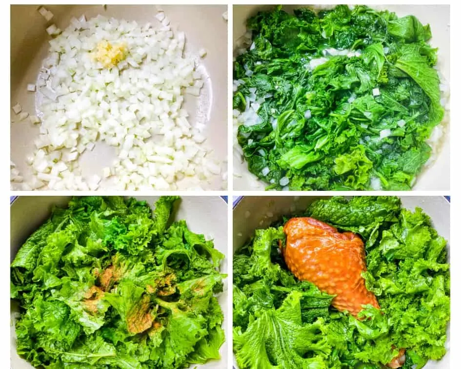 a collage photo showing how to cook mustard greens in a Dutch oven, onions and garlic sauteed with mustard greens
