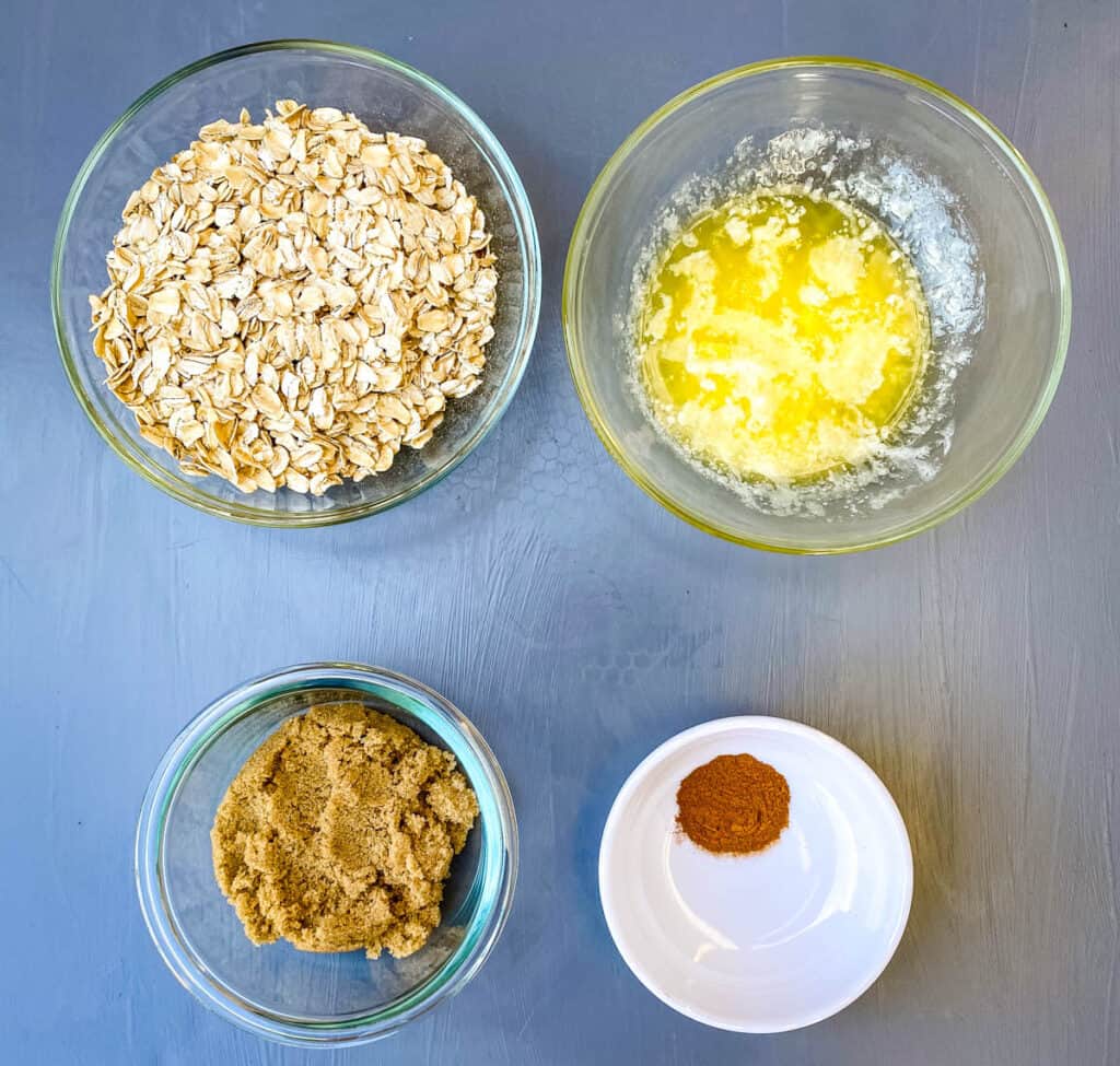 rolled oats, melted butter, brown sweetener, and cinnamon in separate bowls