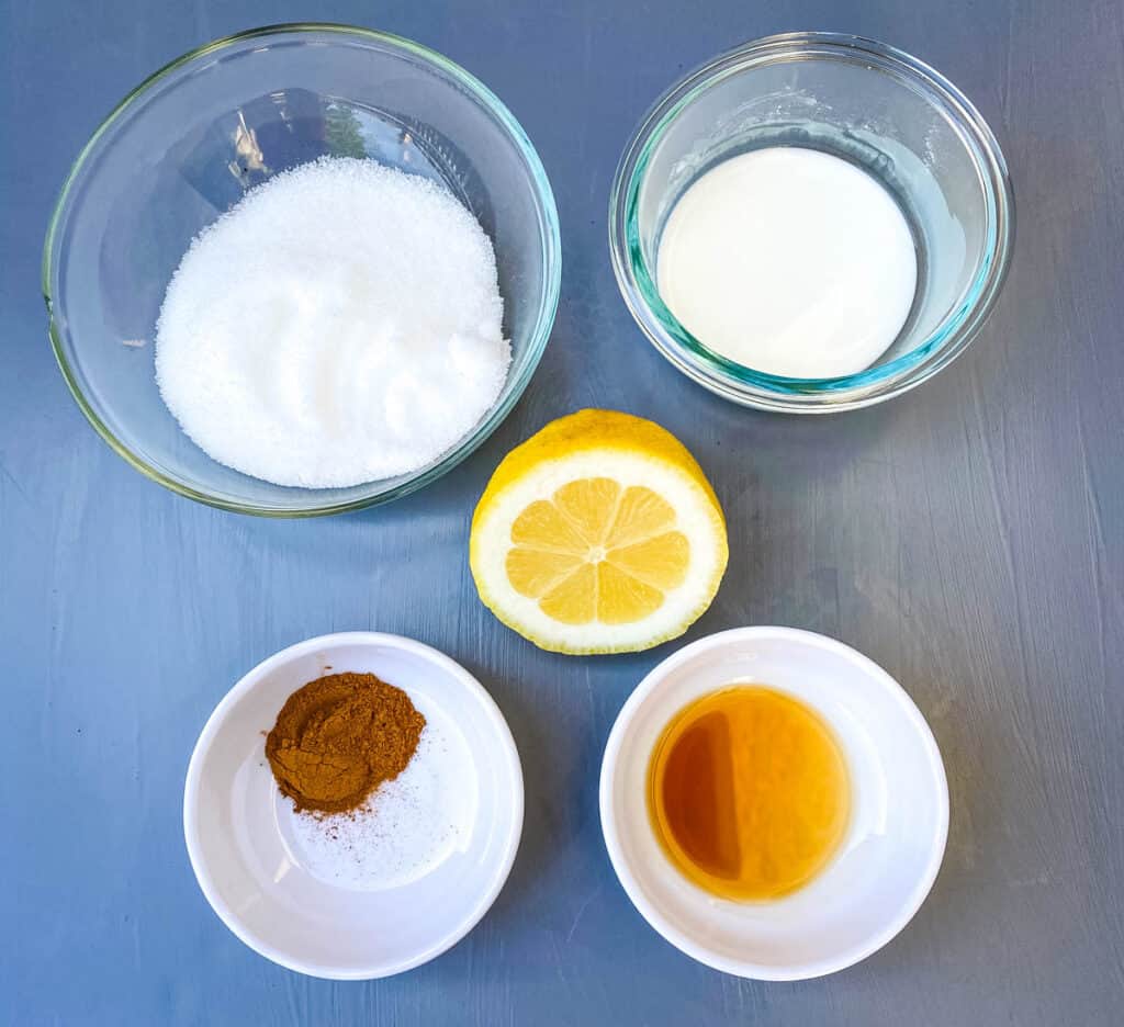 sweetener, cornstarch, fresh lemon, vanilla, and cinnamon in separate bowls