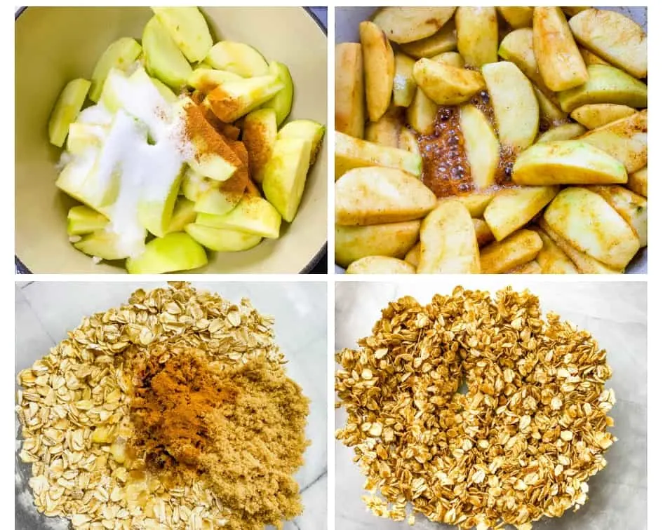 a collage photo showing how to make apple crisp by combining ingredients in a saucepan