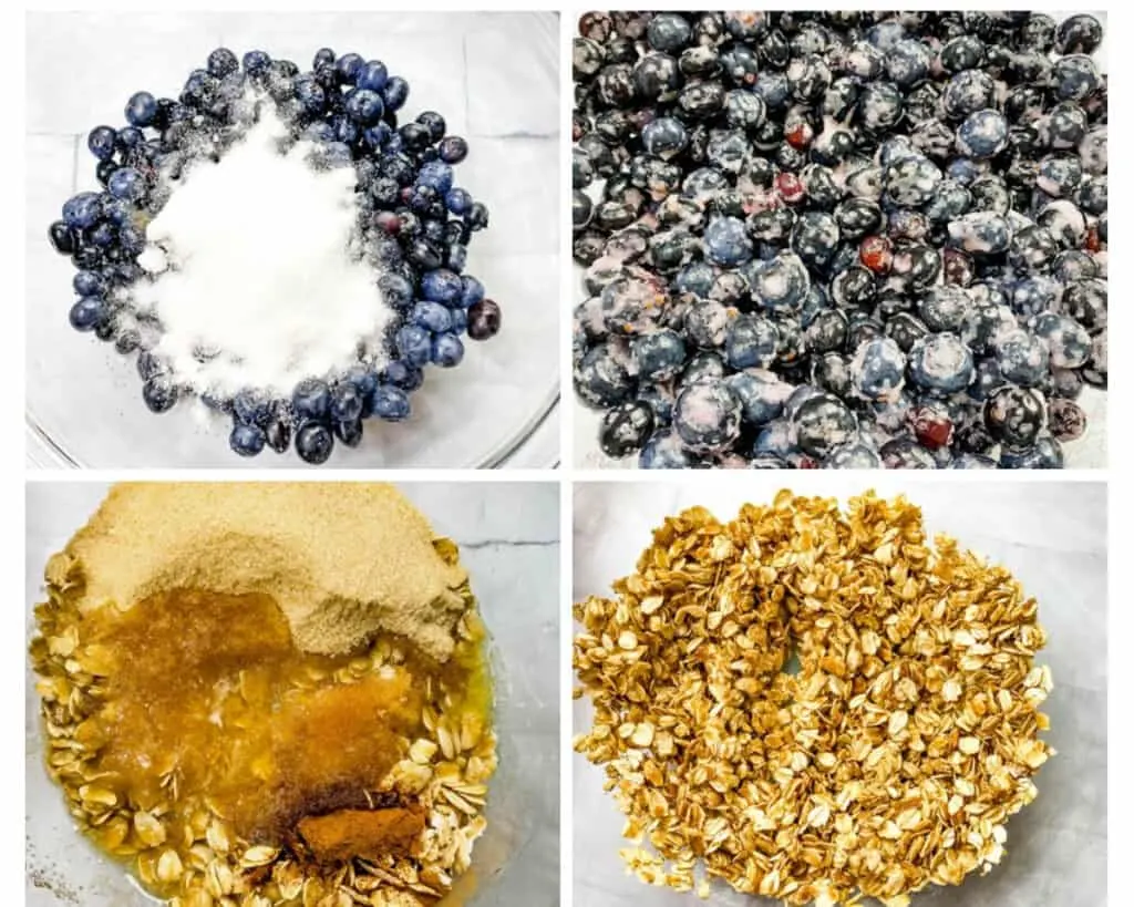 a collage photo of 4 photos with fresh blueberries with sweetener and blueberry crisp topping