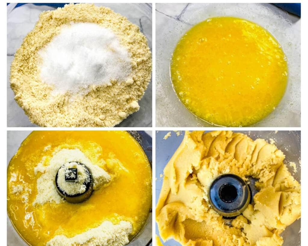 a collage photo with 4 photos showing how to make almond flour crust using a food processor