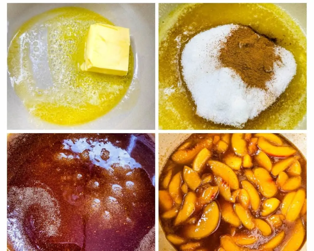 a collage photo with 4 photos showing how to make peach cobbler filling using butter, sweetener, and peaches
